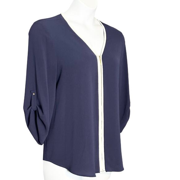Chaus New York Navy Blue Zip Front Blouse Size L 3/4 Sleeve Roll Tab Career Top - Picture 2 of 9